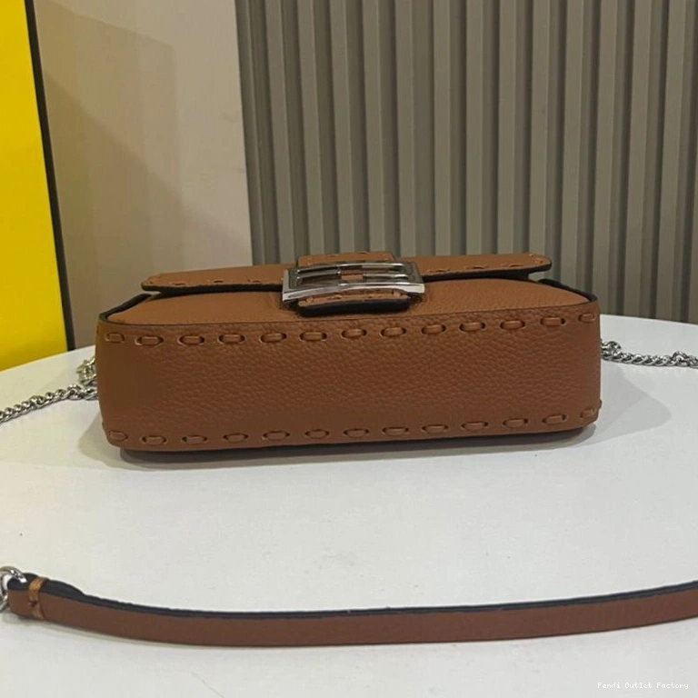 Vintage HOT Brown Mini Romano Leather Bag Selleria Baguette In Fendi Cuoio 0717